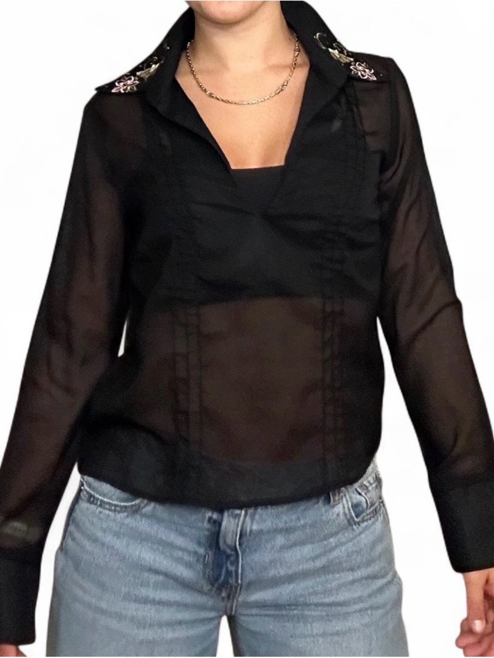 Black Sheer Long Sleeve Collared Top